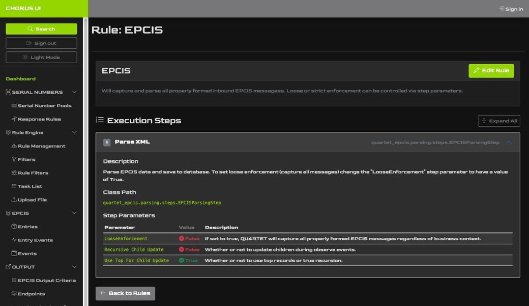 Chorus UI rule detail screen showing the EPCIS capture rule's execution steps and parameters