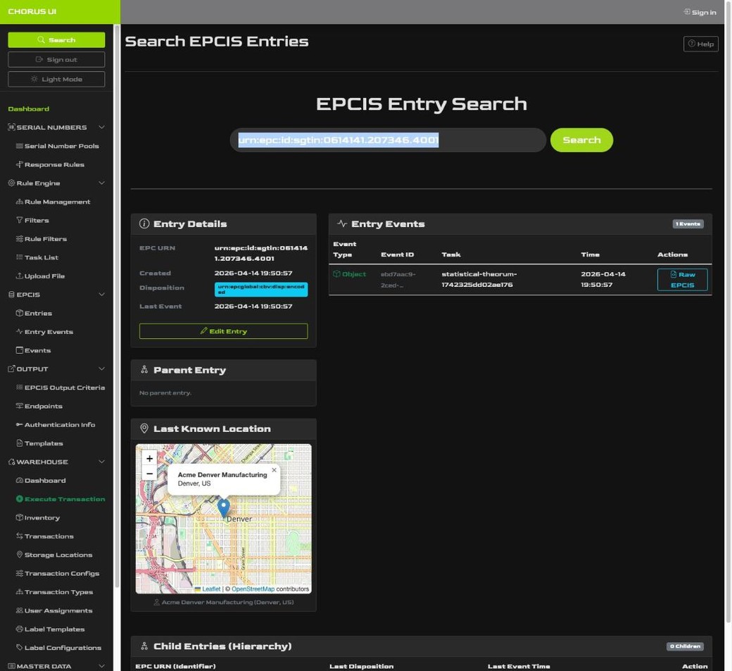 EPCIS entry search in Chorus UI showing an SGTIN's entry details, event history, and a live map of its last known location