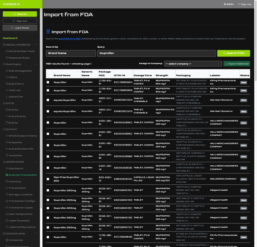 Chorus UI FDA import screen showing over 1,100 live results from a search of the openFDA Drug NDC database