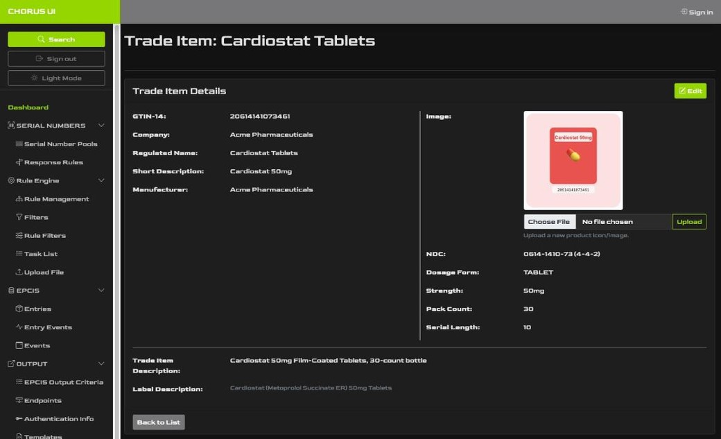 Chorus UI trade item detail page showing GTIN-14, NDC, company, and a generated product image