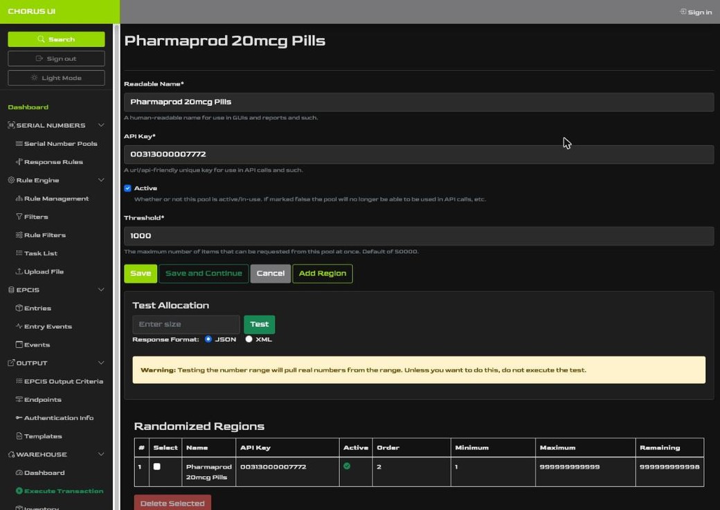 Chorus UI serial number pool detail with threshold, active regions table, and a built-in test allocation tool
