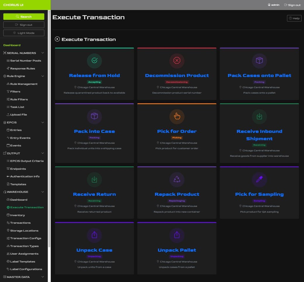 Chorus UI warehouse execute-transaction screen with receiving, picking, packing, and shipping tiles